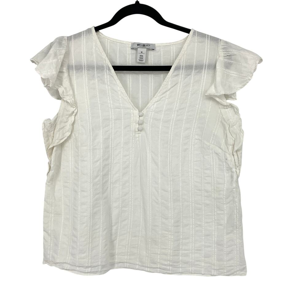 White House Black Market Flutter Sleeve V-Neck Blouse Womens Sz M White Stripe